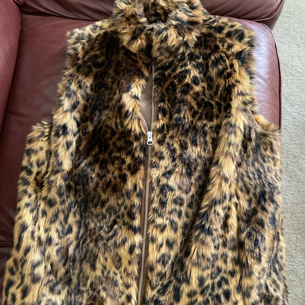 JCrew Leopard faux fur vest.